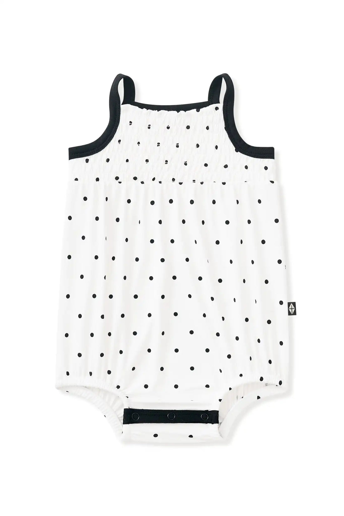 Smocked Bubble Romper in Midnight Polka Dot
