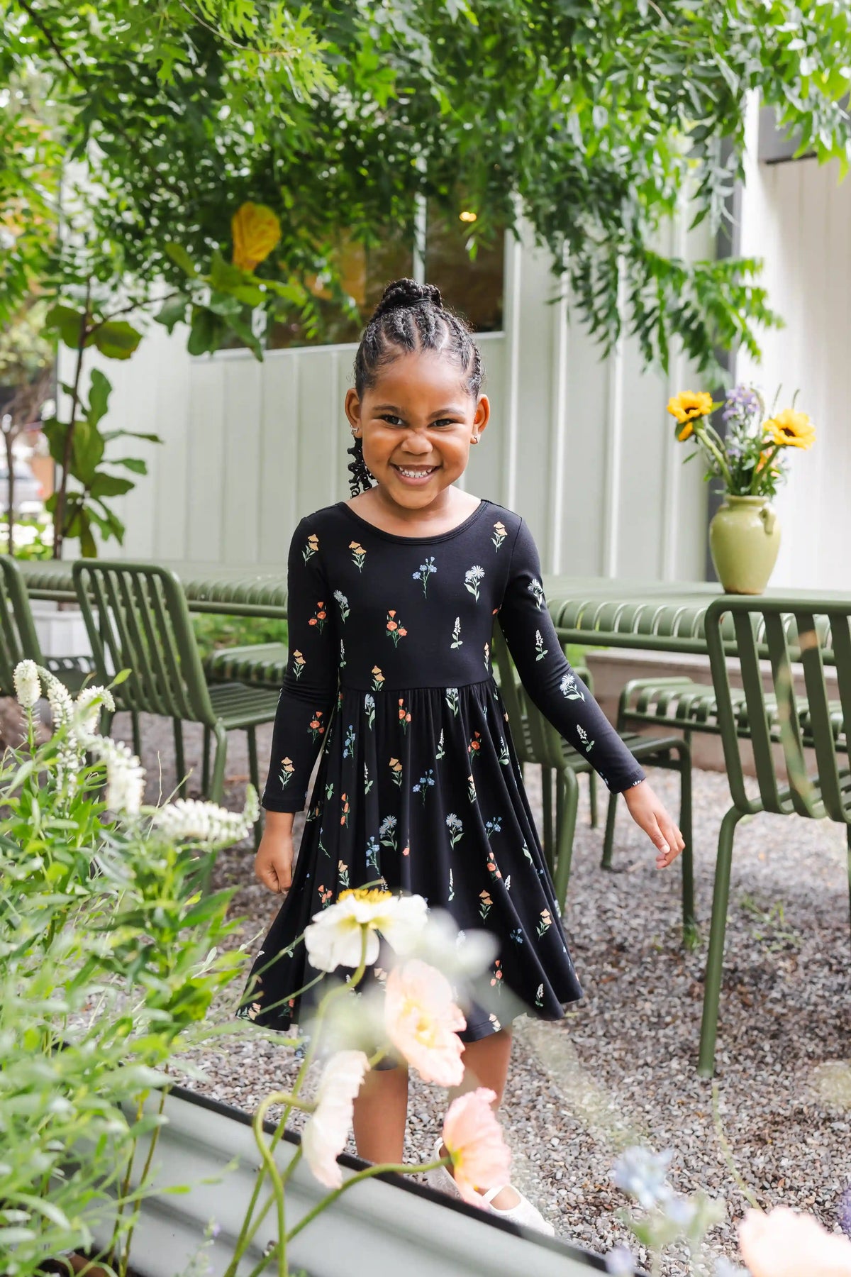 Long Sleeve Twirl Dress in Midnight Wildflower