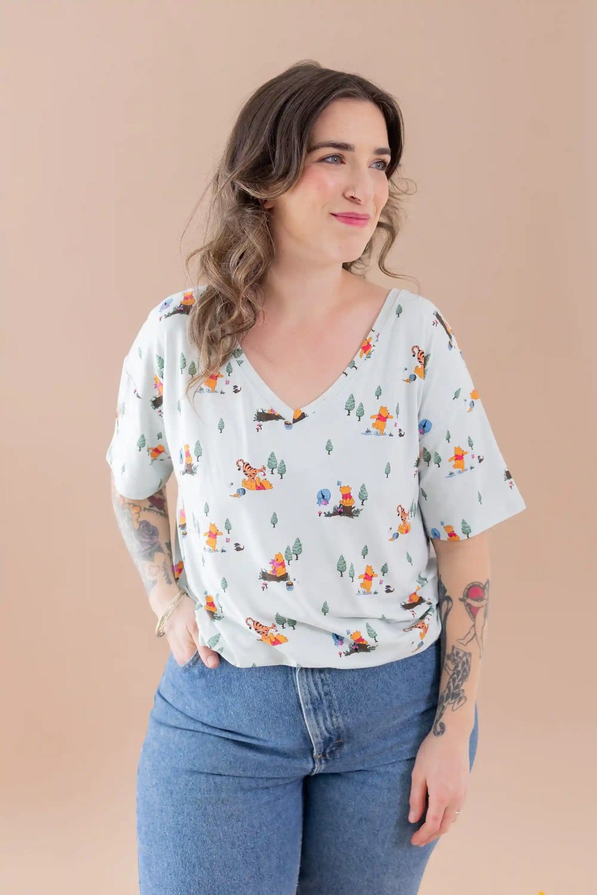 Women's Oversized V-Neck Tee in Winnie the Pooh Hundred Acre Wood